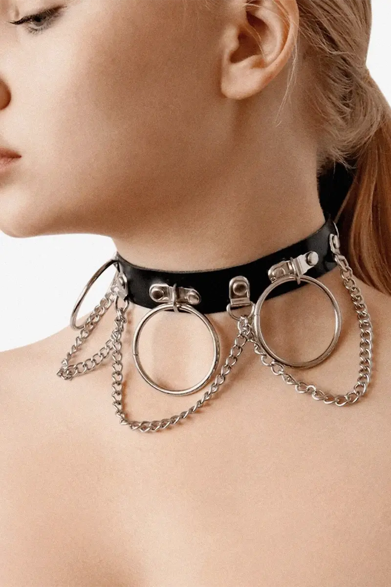 Collar BDSM de Cuero natural con cadena y anillas Bonita Choker