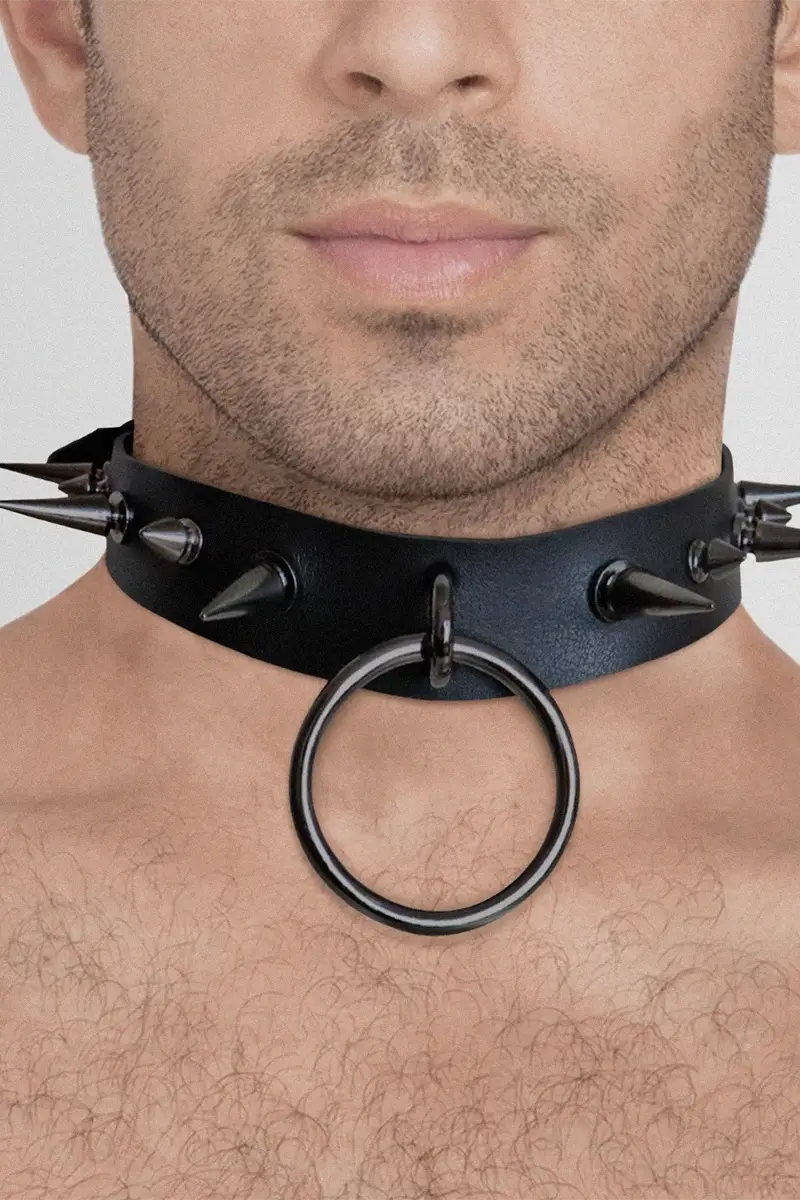 Collar BDSM de Cuero natural de pinchos grandes y anilla Archie Leather and Spikes Choker