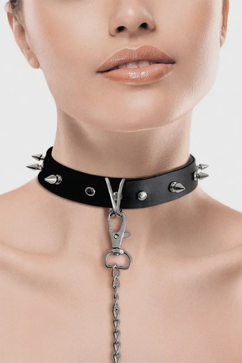 Collar con correa BDSM de Cuero ecológico con púas Collar Spikes and Leash