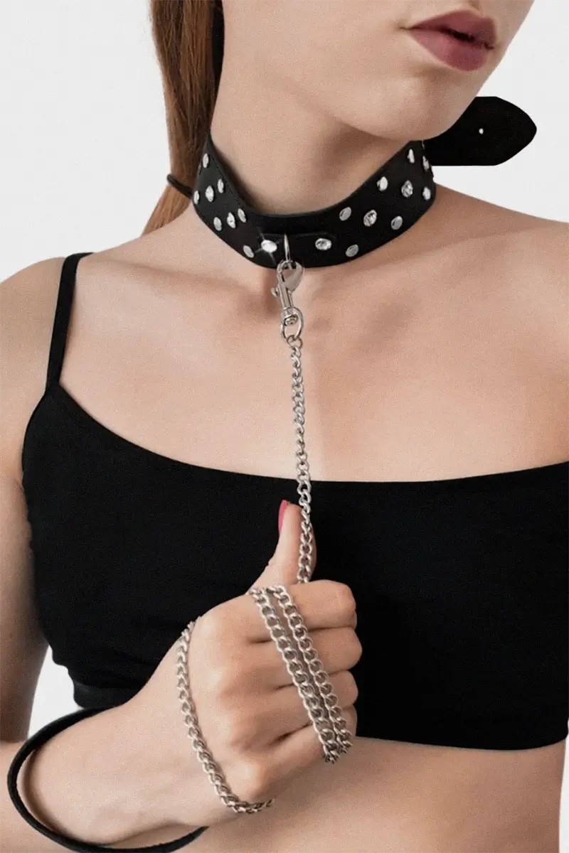 Collar con correa BDSM de Cuero natural con remaches de pedrería Jenna