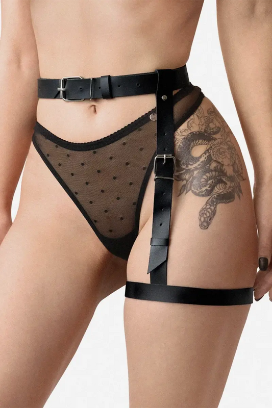 Arnés Liga BDSM Sexy de una pierna de Cuero con Cinturón y Hebillas Petra Leather garters