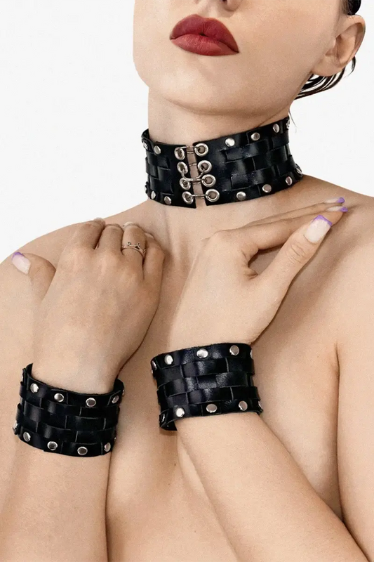 Collar BDSM y puños conjunto de Cuero natural Leather Chezarro