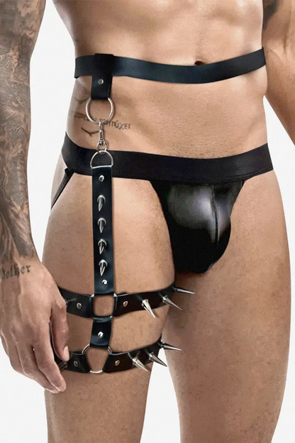 Liga hombre de pierna de Cuero BDSM con Cinturón y Púas Serge