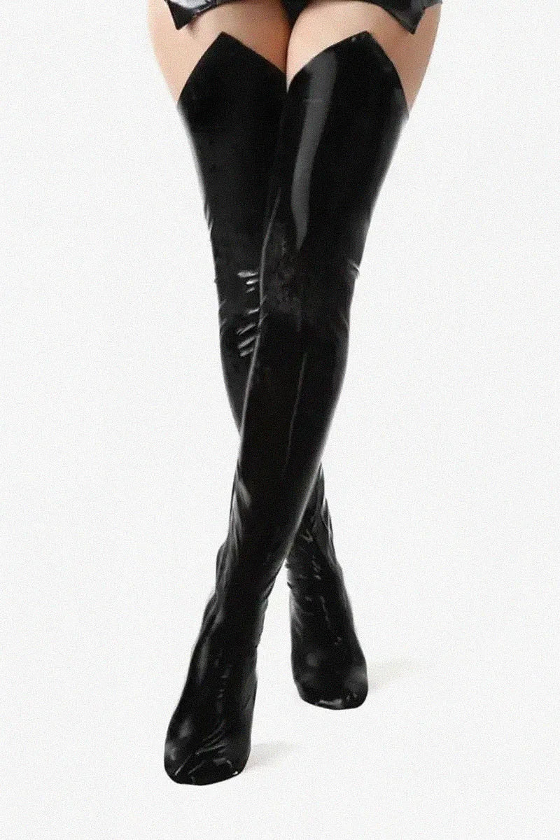 Medias de Vinilo con Cordones Mistress, Negro efecto terciopelo mojado