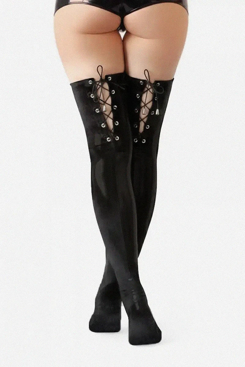 Medias de Vinilo con Cordones Mistress, Negro efecto terciopelo mojado