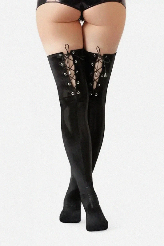 Medias de Vinilo con Cordones Mistress, Negro efecto terciopelo mojado
